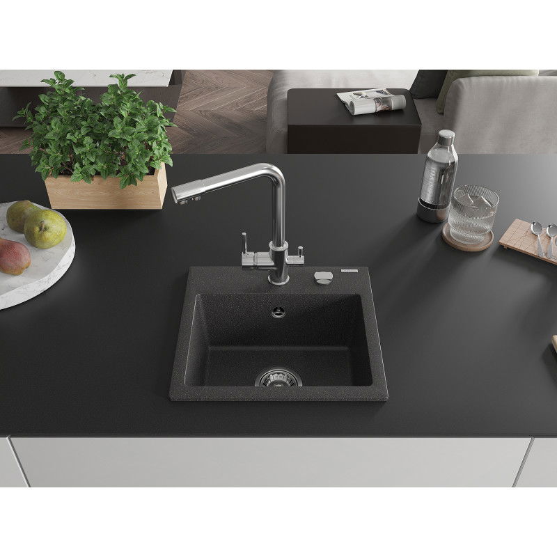 Mexen Milo granitový drez 1-komorový s kuchynskou batériou Duero, čierny škvrnitý - 6505-76-671600-00