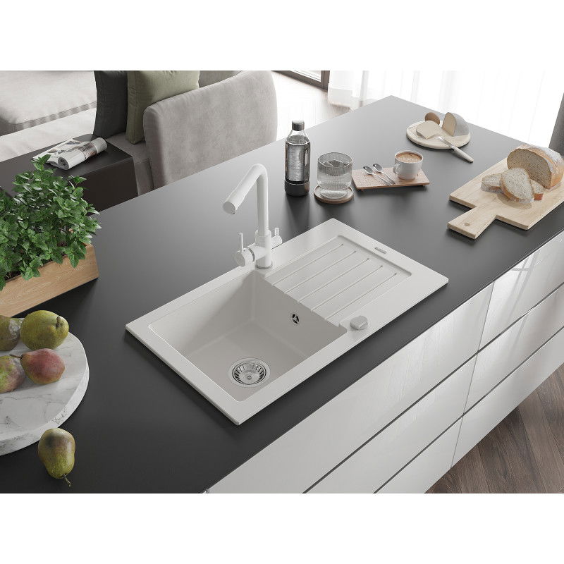 Mexen Pablo jednokomorový žulový drez s odkvapkávačom a kuchynskou batériou Duero, biely - 6510-20-671600-20