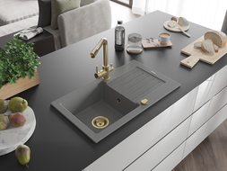 Mexen Pablo žulový drez 1-komorový s odkvapkávačom a kuchynskou batériou Duero, sivý - 6510-71-671600-50