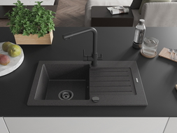 Mexen Pablo granitový drez 1-komorový s odkvapkávačom a kuchynskou batériou Duero, čierna škvrnitá - 6510-76-671600-70-B