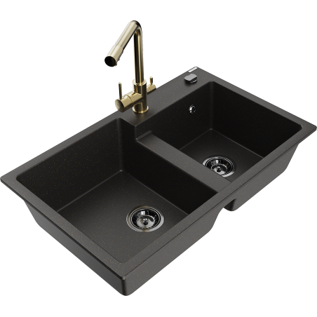 Mexen Tomas žulový drez s 2 komorami s kuchynskou batériou Duero, čierny/zlatý metalík - 6516-75-671600-50-B