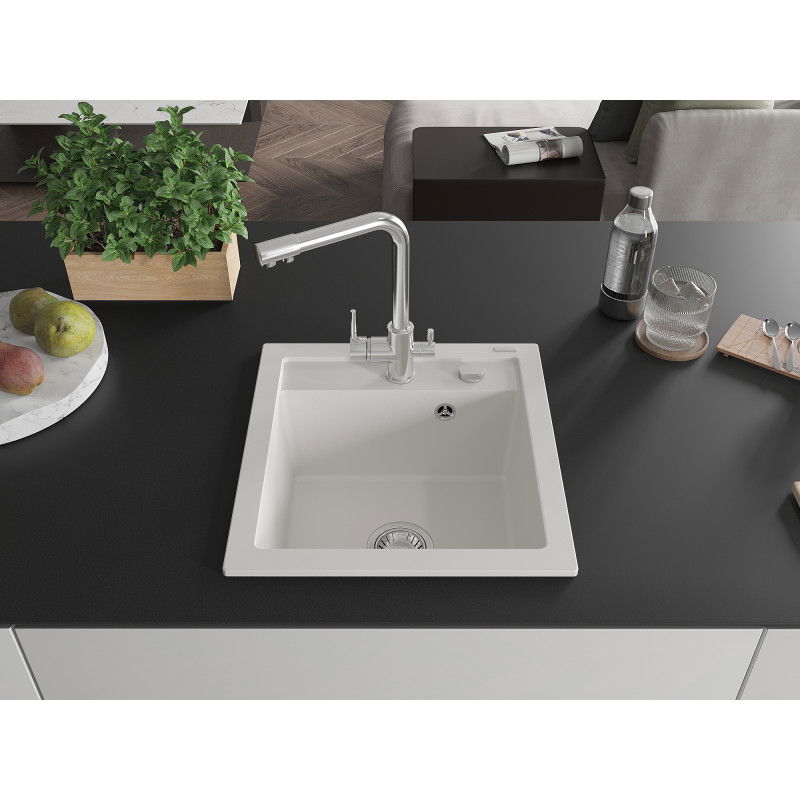 Mexen Vito granitový kuchynský drez s jednou komorou a kuchynskou batériou Duero, biely - 6503-20-671600-00