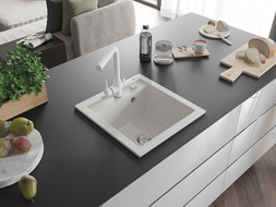 Mexen Vito žulový drez s 1 komorou a kuchynskou batériou Duero, biela - 6503-20-671600-20