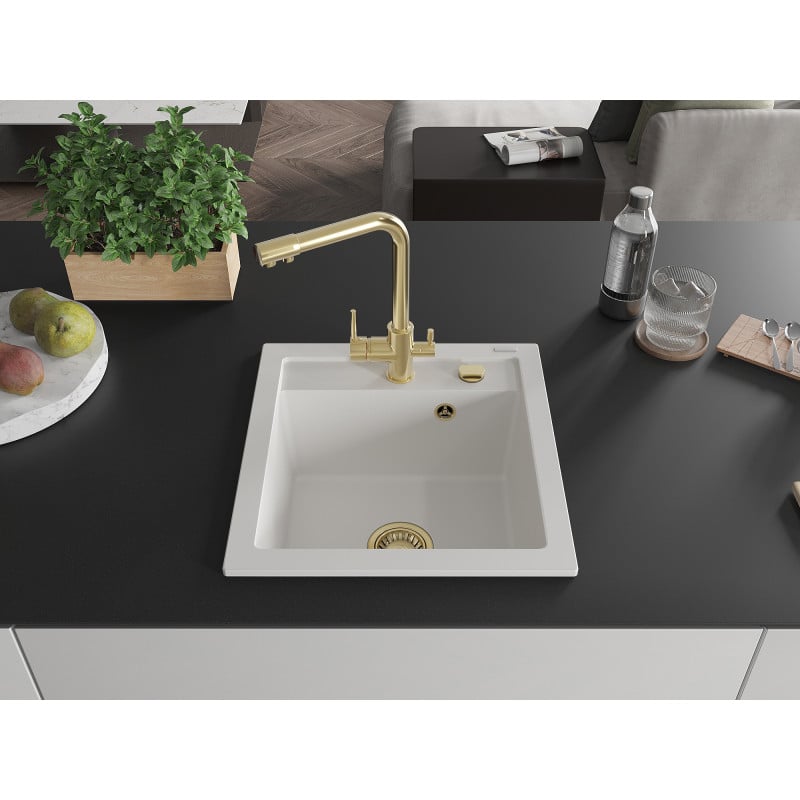 Mexen Vito žulový kuchynský drez 1-komorový s kuchynskou batériou Duero, biely - 6503-20-671600-50