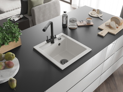 Mexen Vito žulový drez 1-komorový s kuchynskou batériou Duero, biely - 6503-20-671600-70