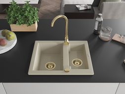 Mexen Carlos žulový 1,5-komorový drez s kuchynskou batériou Telma, béžový - 6518-69-670200-50