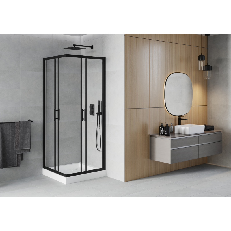 Mexen Rio štvorcový sprchovací kút 90 x 90 cm, transparentný, čierny + sprchová vanička, biela - 860-090-090-70-00-4510