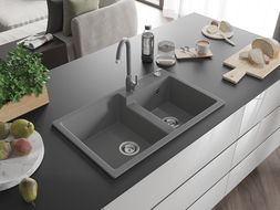Mexen Tomas dvojkomorový granitový drez s kuchynskou batériou Telma, sivý - 6516-71-670200-71
