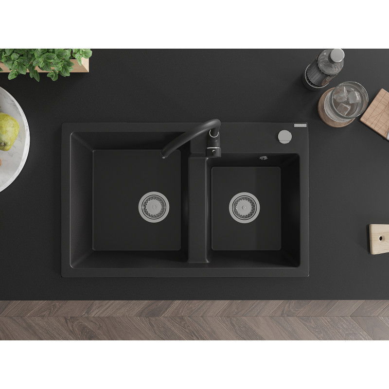 Mexen Tomas žulový drez 2-komorový s kuchynskou batériou Telma, čierny - 6516-77-670200-70