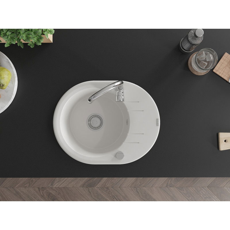 Mexen Kevin žulový kuchynský drez s 1 komorou, odkvapkávačom a kuchynskou batériou Telma, biely - 6517-20-670200-00