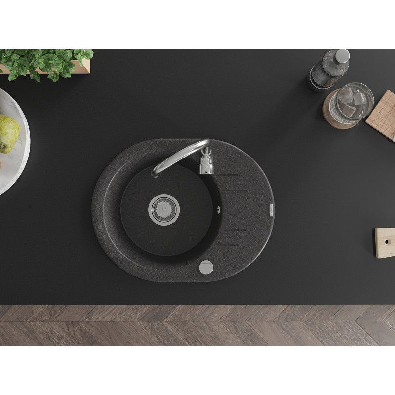 Mexen Kevin žulový drez s 1 komorou, odkvapkávačom a kuchynskou batériou Telma, čierny bodkovaný - 6517-76-670200-00