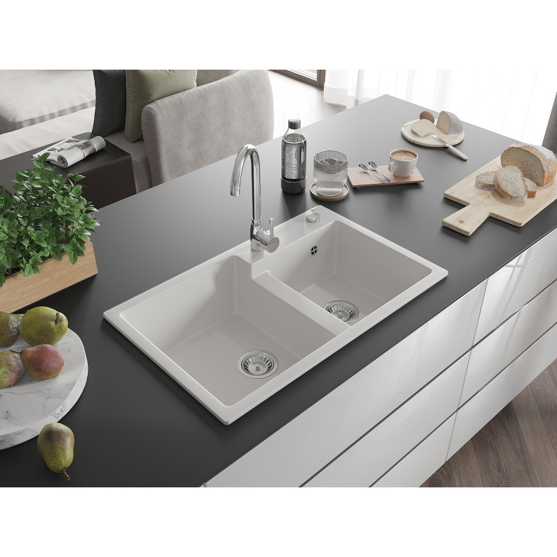 Mexen Tomas granitový drez s dvoma komorami 800 x 500 mm, biely, sifón chróm - 6516802000-20