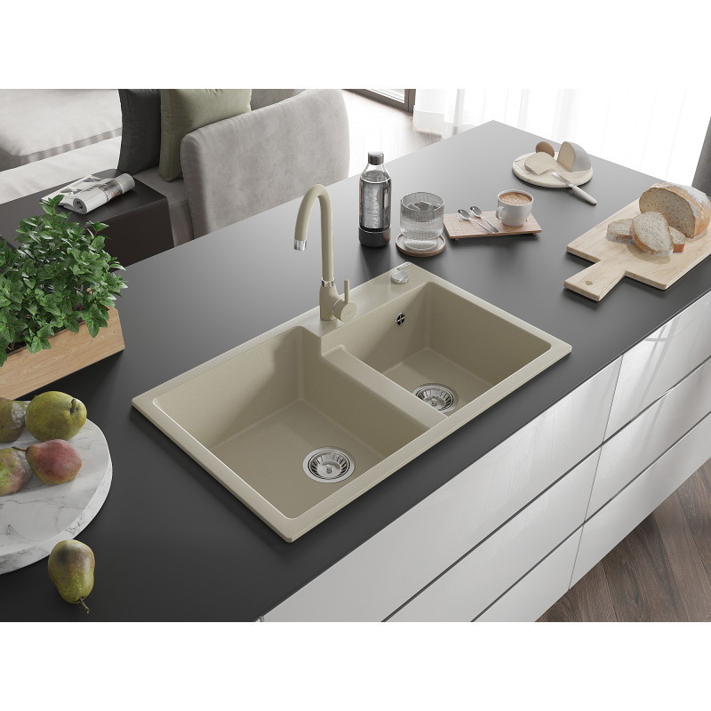 Mexen Tomas granitový drez s dvoma komorami 800 x 500 mm, béžový, sifón chróm - 6516802000-69