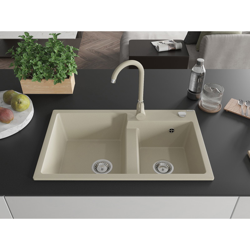 Mexen Tomas granitový drez s dvoma komorami 800 x 500 mm, béžový, sifón chróm - 6516802000-69