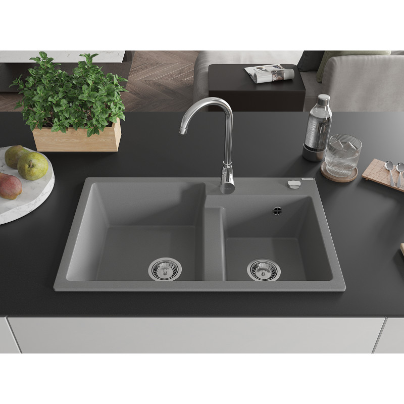 Mexen Tomas granitový drez s dvoma komorami 800 x 500 mm, sivý, chrómový sifón - 6516802000-71