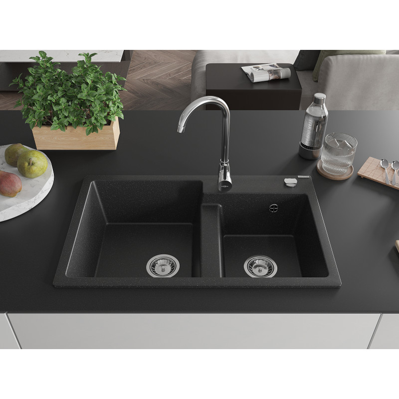 Mexen Tomas granitový drez s 2-komorami 800 x 500 mm, čierny/strieborný metalik, chrómový sifón - 6516802000-73