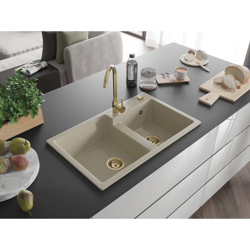 Mexen Tomas drez z granitového materiálu, dvojkomorový 800 x 500 mm, béžový, zlatý sifón - 6516802000-69-G