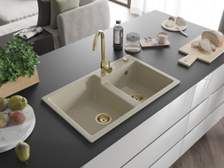 Mexen Tomas drez z granitového materiálu, dvojkomorový 800 x 500 mm, béžový, zlatý sifón - 6516802000-69-G