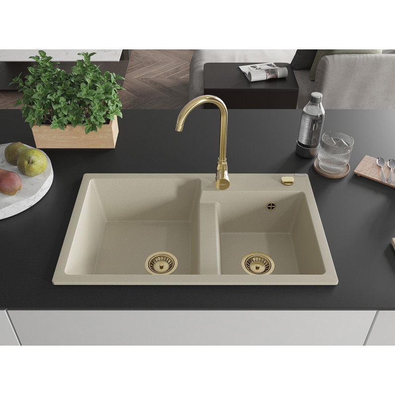 Mexen Tomas drez z granitového materiálu, dvojkomorový 800 x 500 mm, béžový, zlatý sifón - 6516802000-69-G