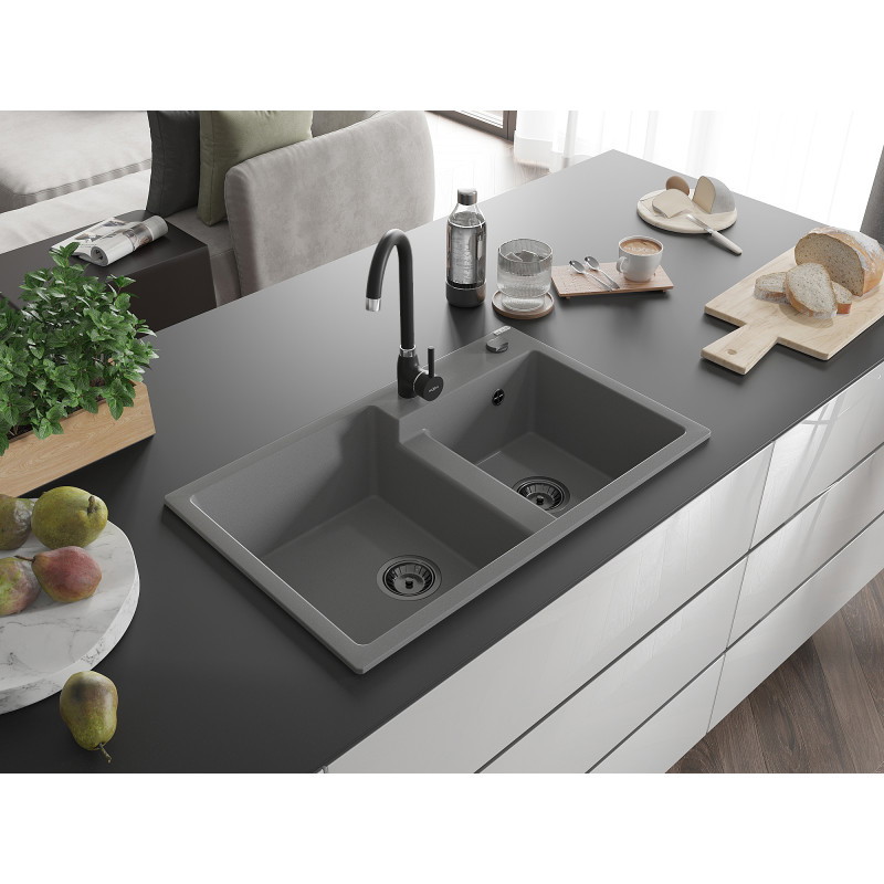 Mexen Tomas granitový kuchynský drez s 2 komorami 800 x 500 mm, sivý, čierny sifón - 6516802000-71-B