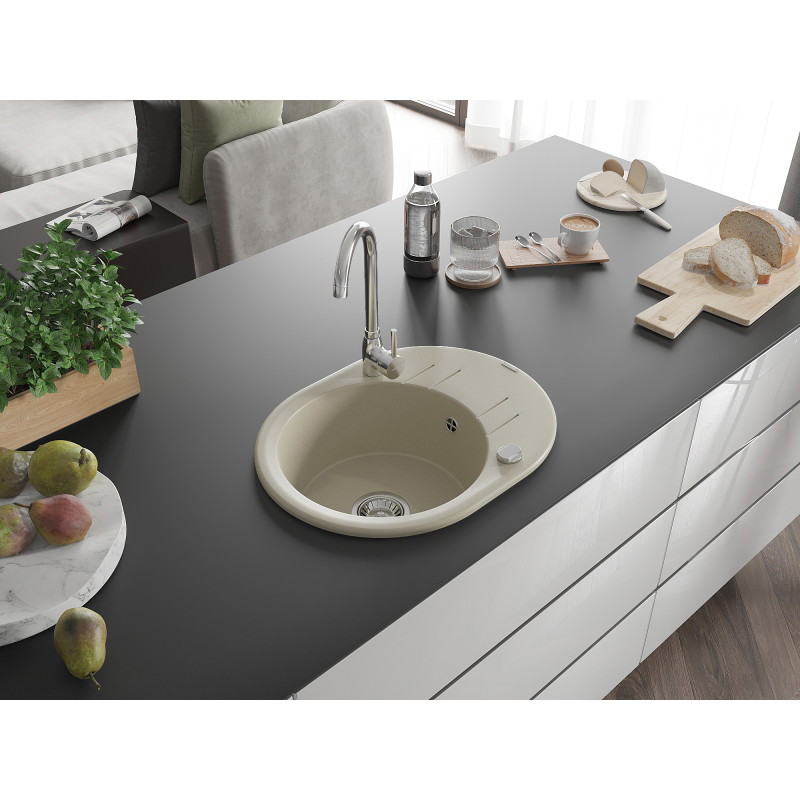 Mexen Kevin granitový drez 1-komorový s odkvapkávačom 586 x 458 mm, béžový, sifón chróm - 6517581005-69