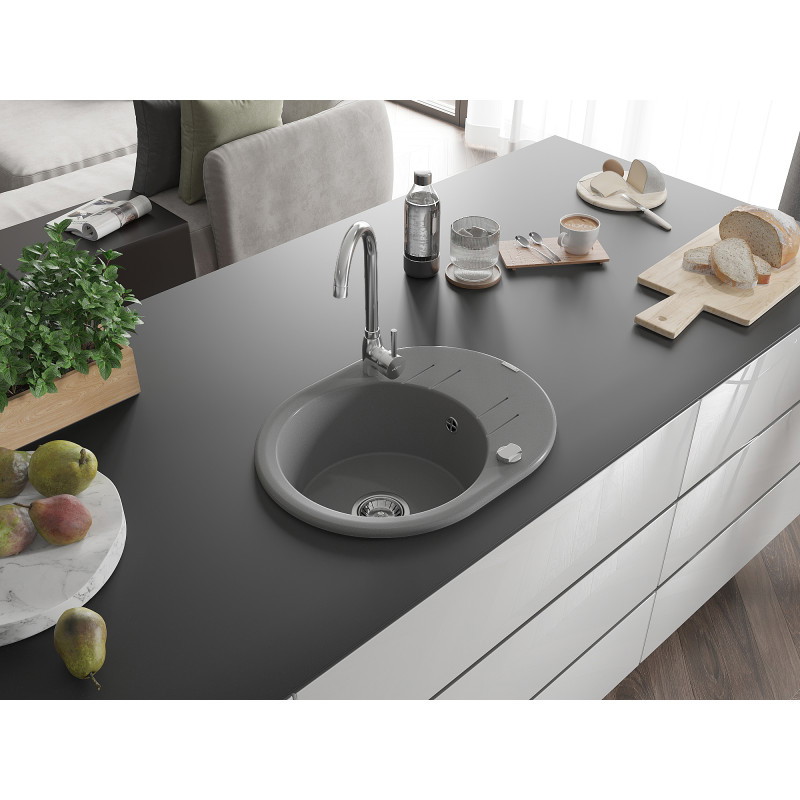 Mexen Kevin granitový drez jednokomorový s odkvapkávačom 586 x 458 mm, sivý, chromový sifón - 6517581005-71