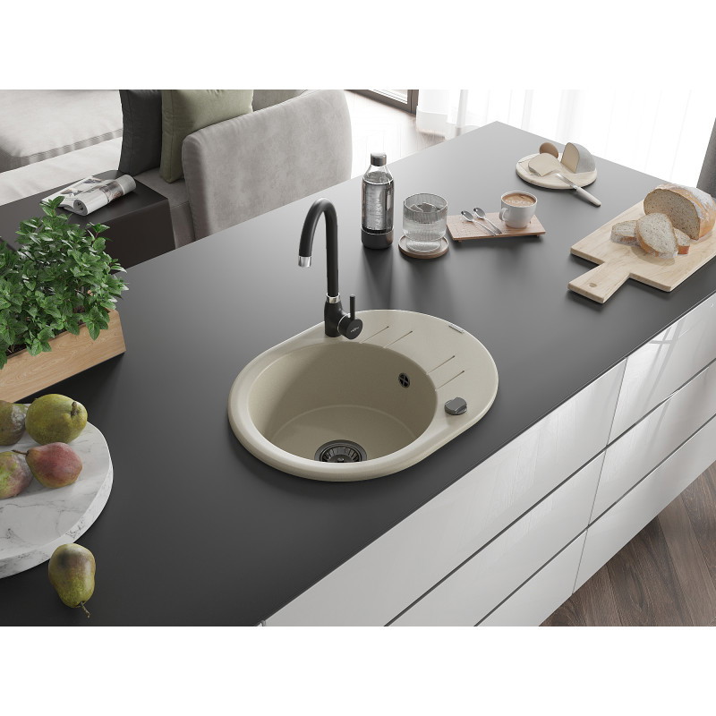 Mexen Kevin granitový drez 1-komorový s odkvapkávačom 586 x 458 mm, béžový, čierny sifón - 6517581005-69-B