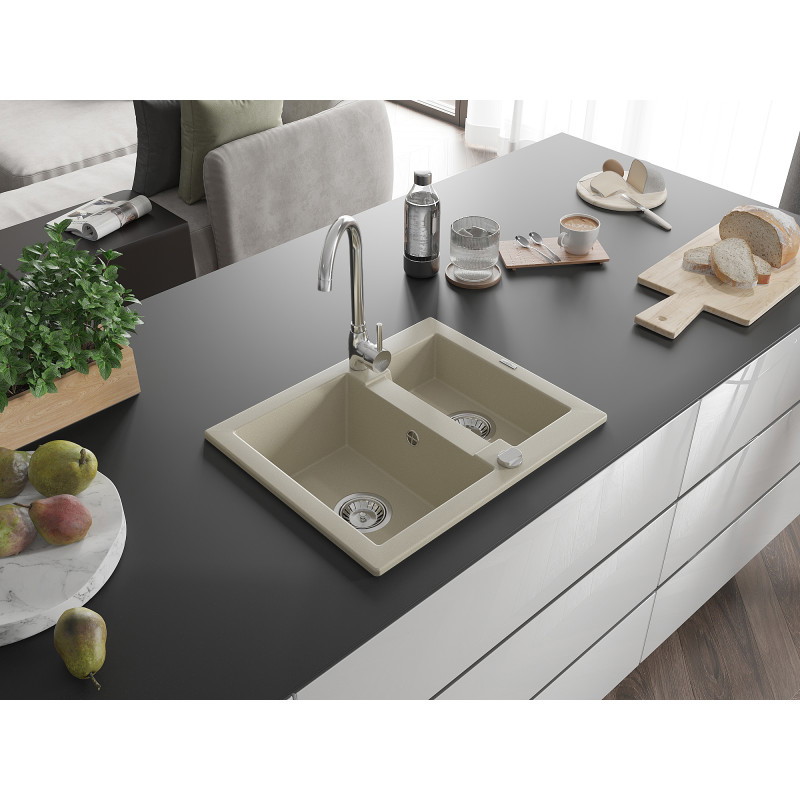 Mexen Carlos Granitový drez 1,5-komorový 582 x 475 mm, béžový, sifón chróm - 6518581500-69