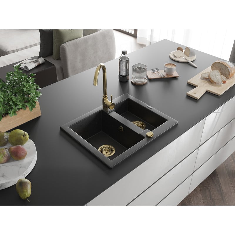 Mexen Carlos granitový kuchynský drez s 1,5-komorami 582 x 475 mm, čierny/strieborný metalický, zlatý sifón