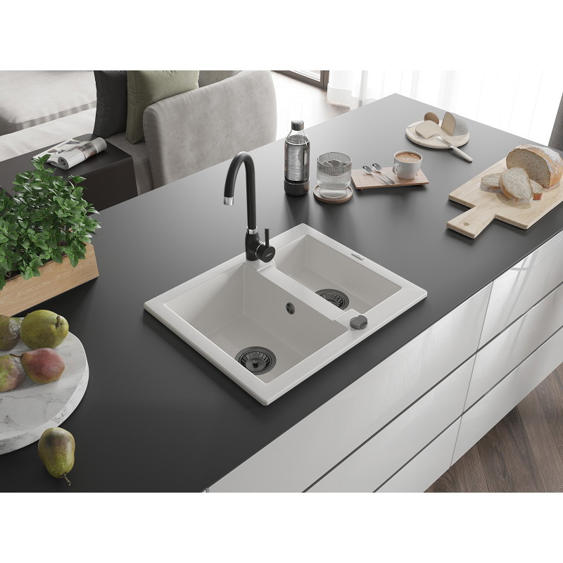 Mexen Carlos granitový drez 1,5-komorový 582 x 475 mm, biely, čierny sifón - 6518581500-20-B